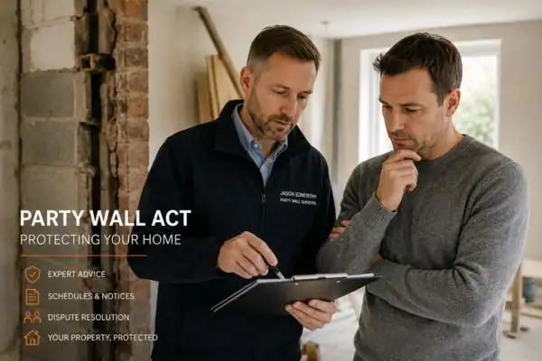 Party wall surveyor Loughton discussing extension plans with homeowner outside a UK semi-detached house.